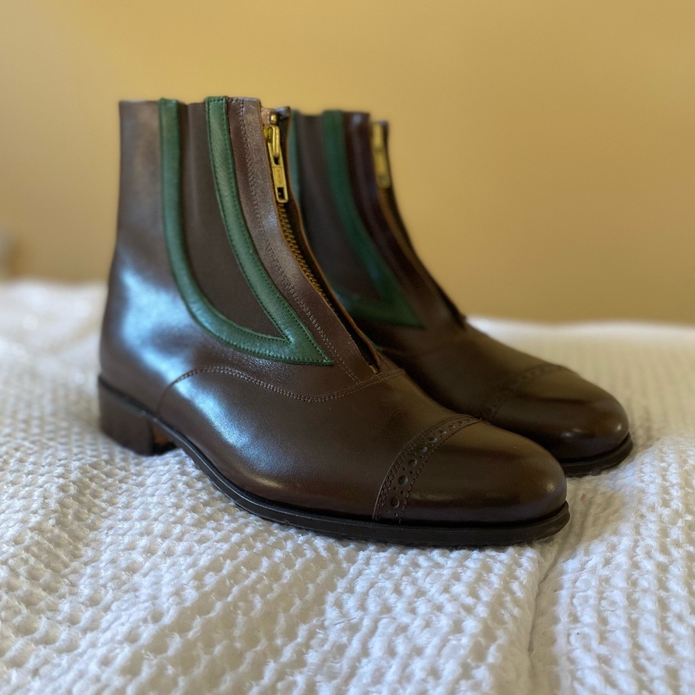 Women’s Brown Leather Ankle Boots with Green Trim